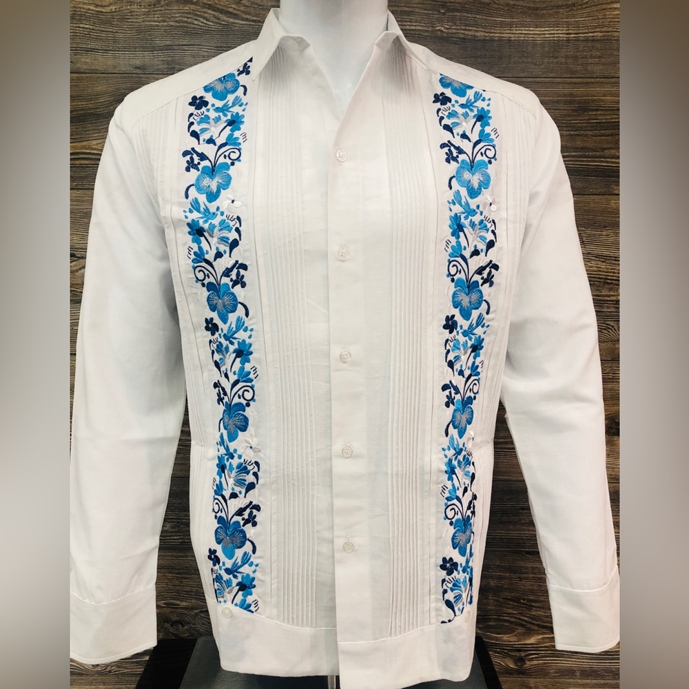 Men Guayabera Wedding Shirt Blue Hummingbird Flower Embroidery White Long Sleeve